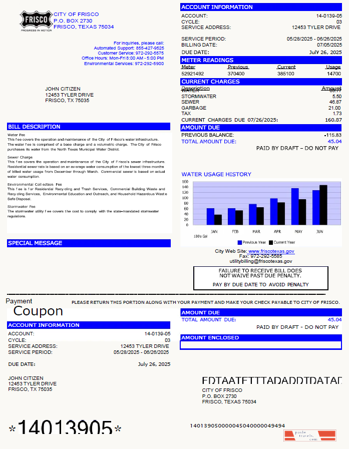 USA City of Frisco utility bill template in Word and PDF formats